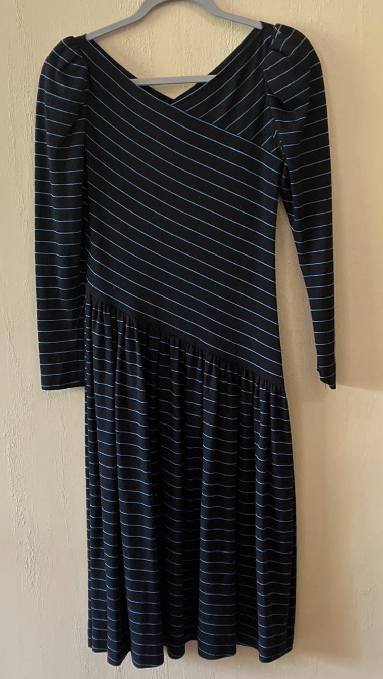 True Vtg Mid-century 1970s SAMUEL BLUE Drop Waist Full Skirt Dress MCM MOD