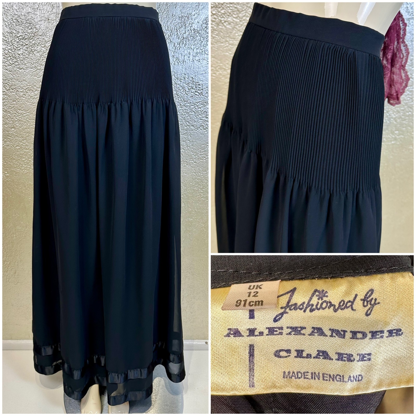 Vintage 1960’s-1970’s Ladies ALEXANDER CLARE Black Chiffon Maxi Skirt w/Satin XS