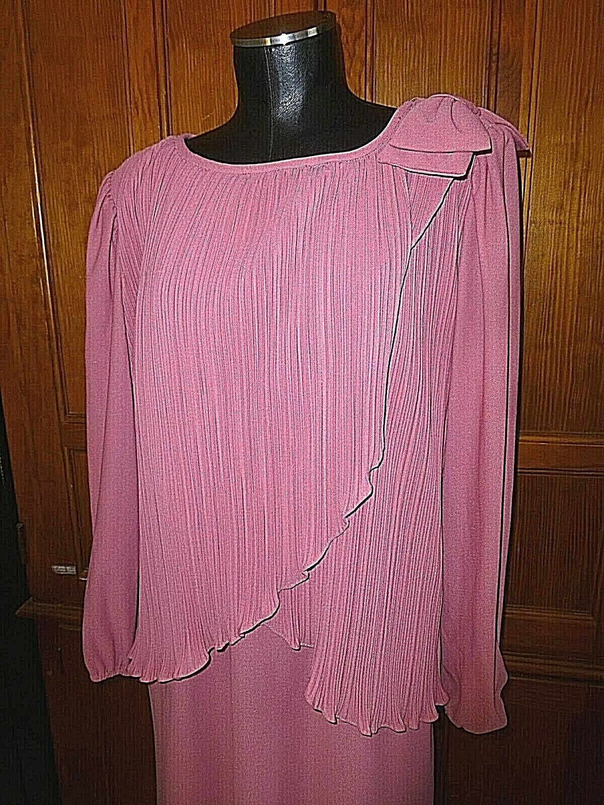 VTG 70s Micro Pleat Mauve Rose BOW Boho Cocktail Wedding Guest DRESS L XL
