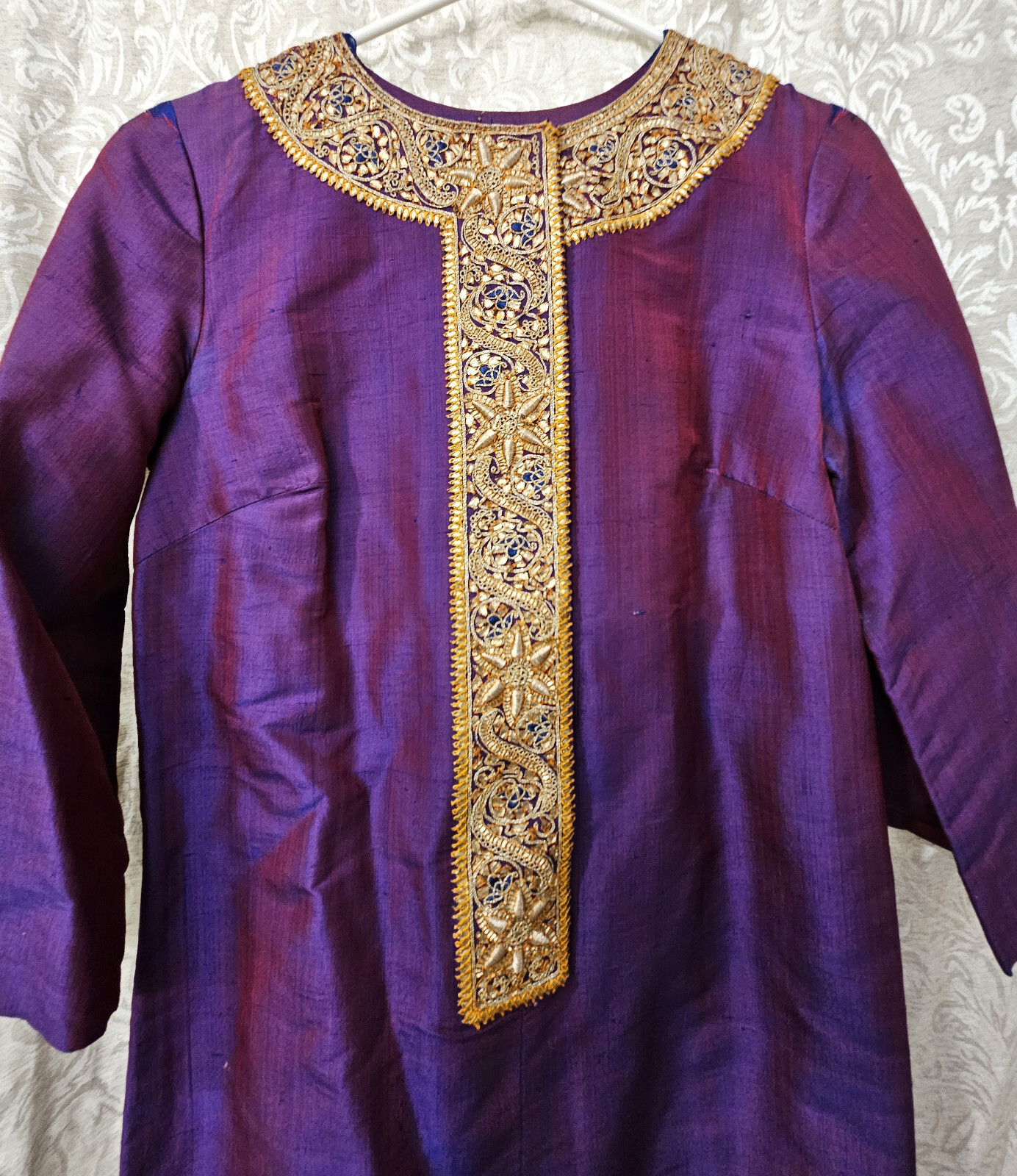 Maharani of India ’60s dupioni silk Jackie O dress thick gold bullion embroidery