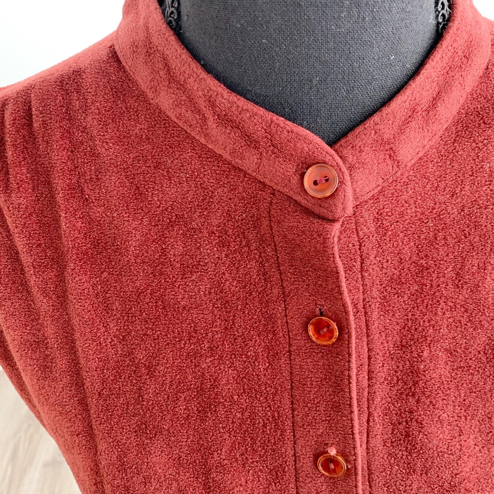 Vintage 70s Rust Velour Cap Sleeve Twee Mandarin Collar Fit Flare Dress 15