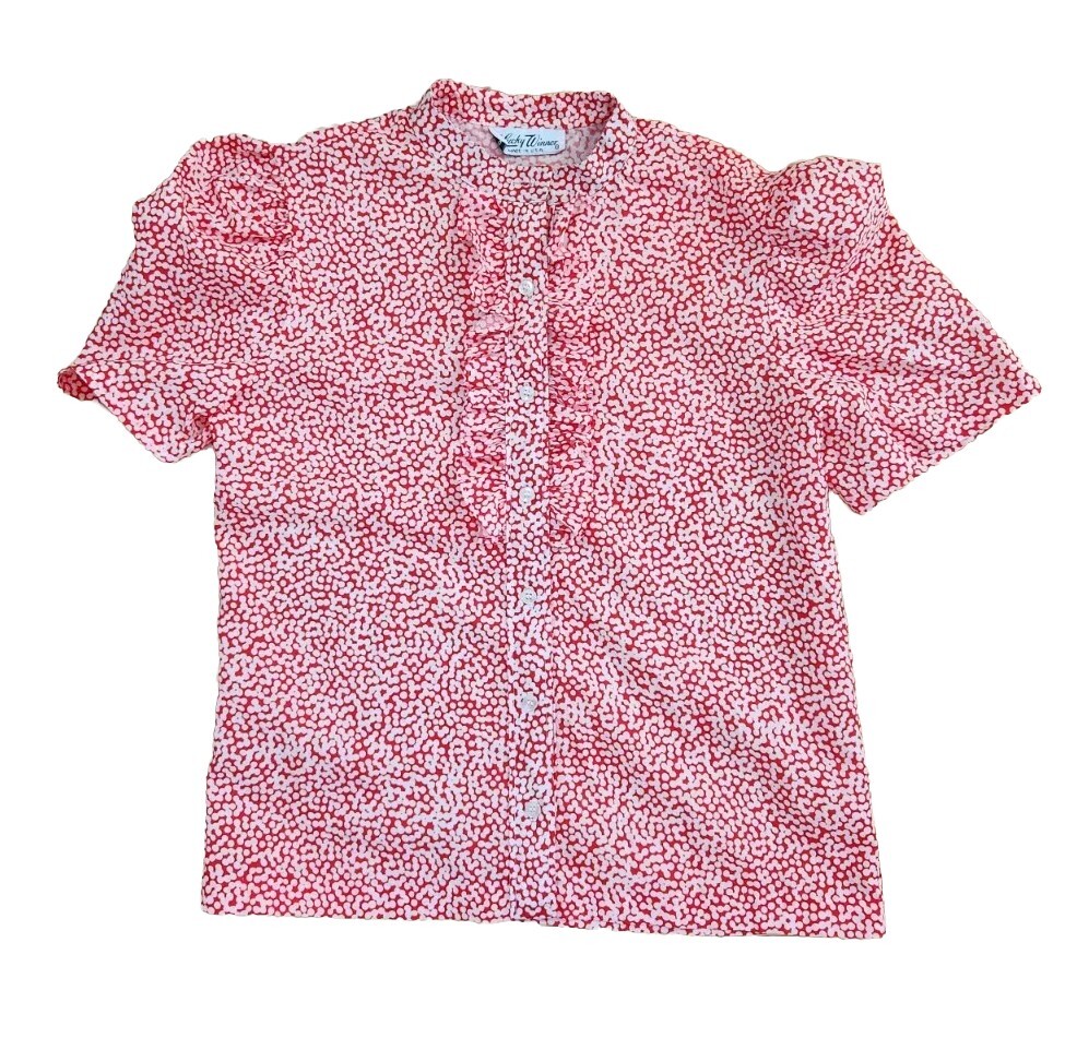 VINTAGE Lucky Winner 1970s Blouse Red And White Polka Dots Puff Sleeve Retro Top