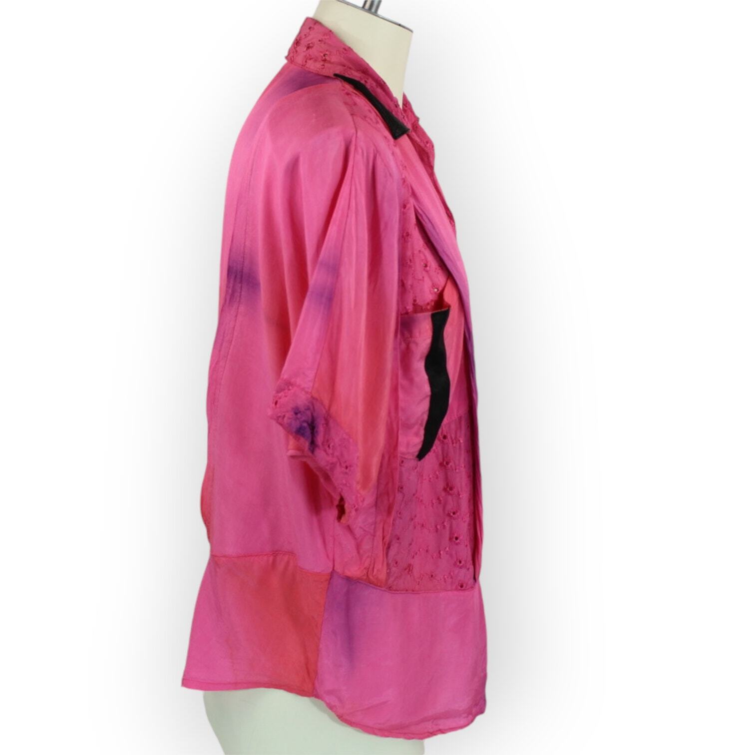 Vintage 80s Maharaj Blouse (S) Rayon FauxLeather Embroider Dyed S/S ButtonUp