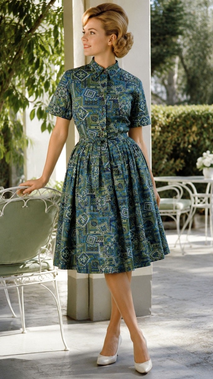Vintage 60s Women’s SS Blue Green Paisley Cotton Shirtwaist Dress – Sz M