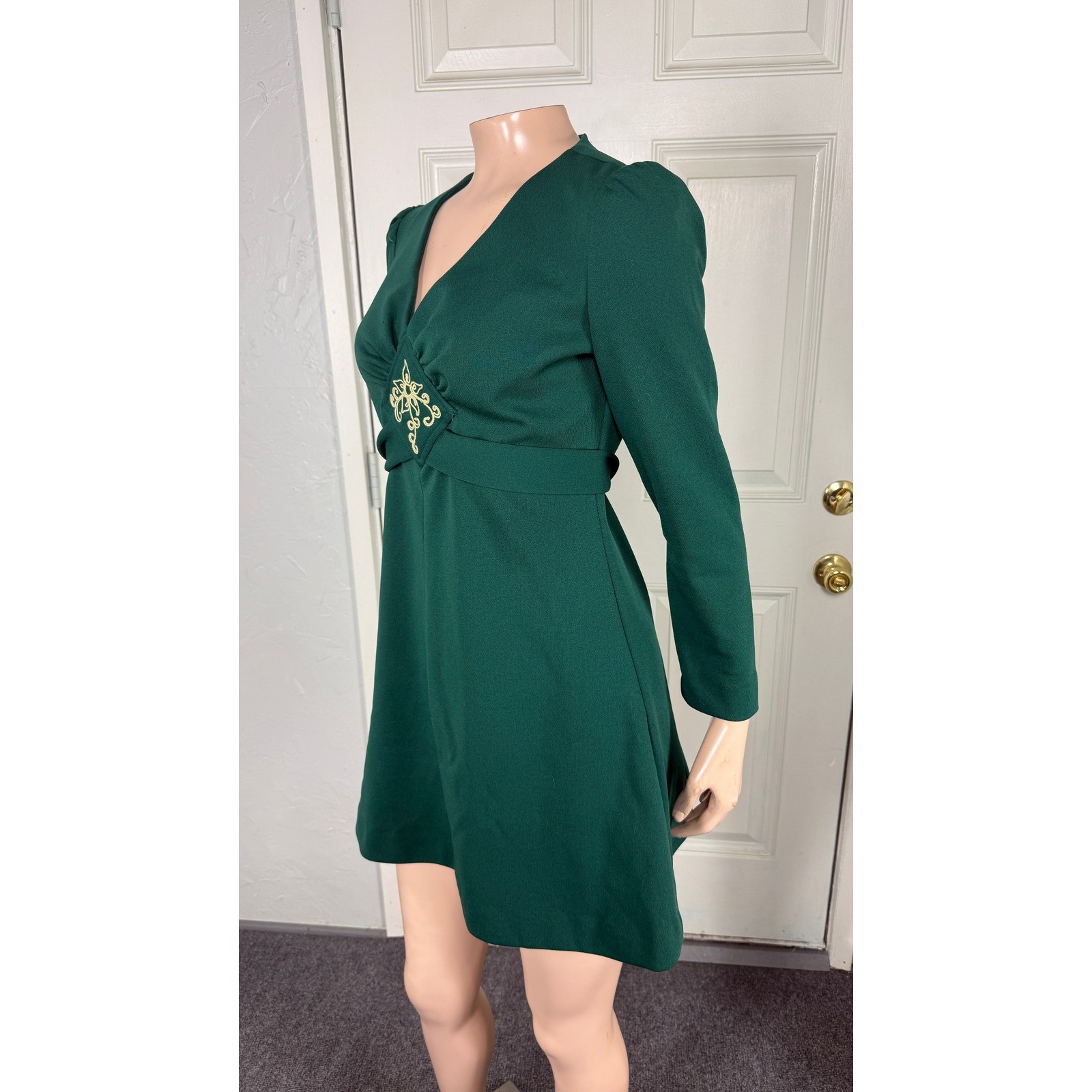 Vintage 70s Allegra New York Dress Embroidered Polyester Knit Party Long Mini E1