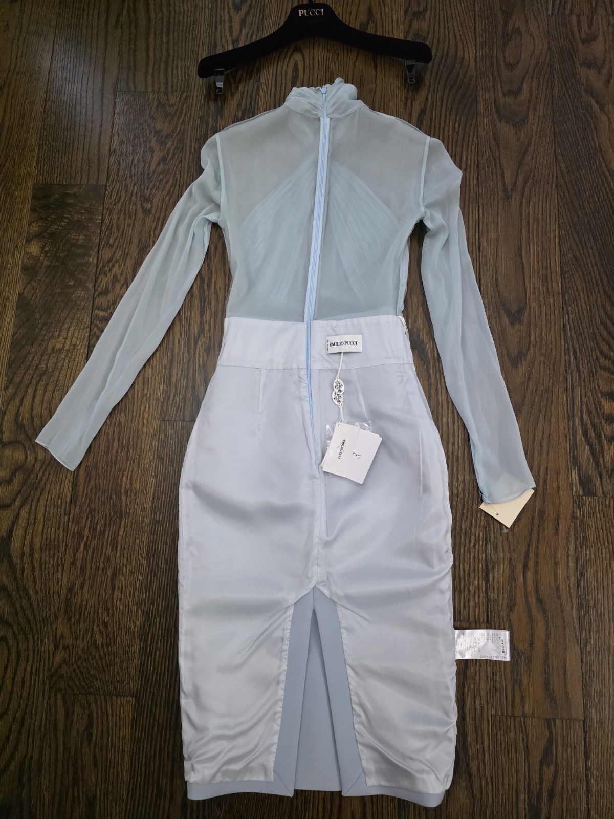 Vintage Emilio Pucci Silk Light Blue Chiffon Wool Sheath Dress IT38 NWT W/Hanger