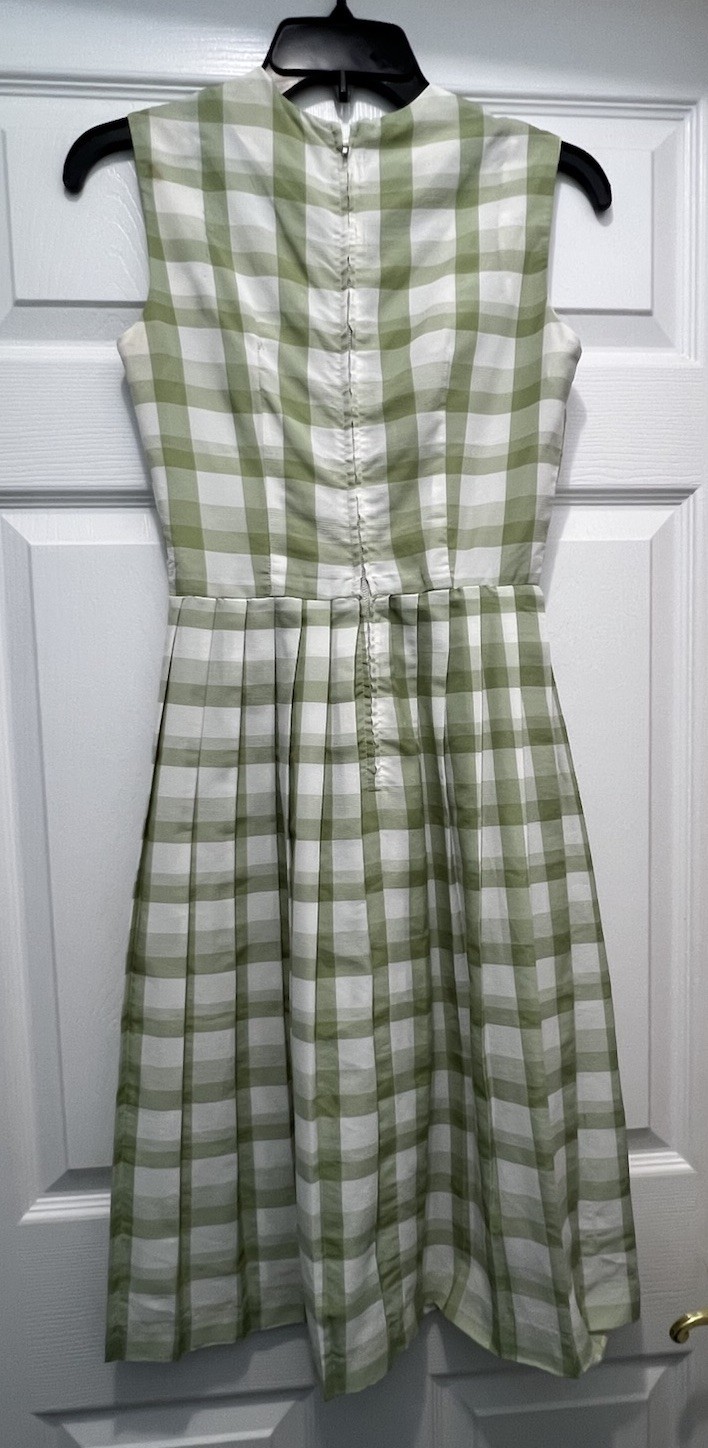 Vintage 1940-50’s Green Gingham Check Dress Zip Pleated No Sleeves XS Homemade