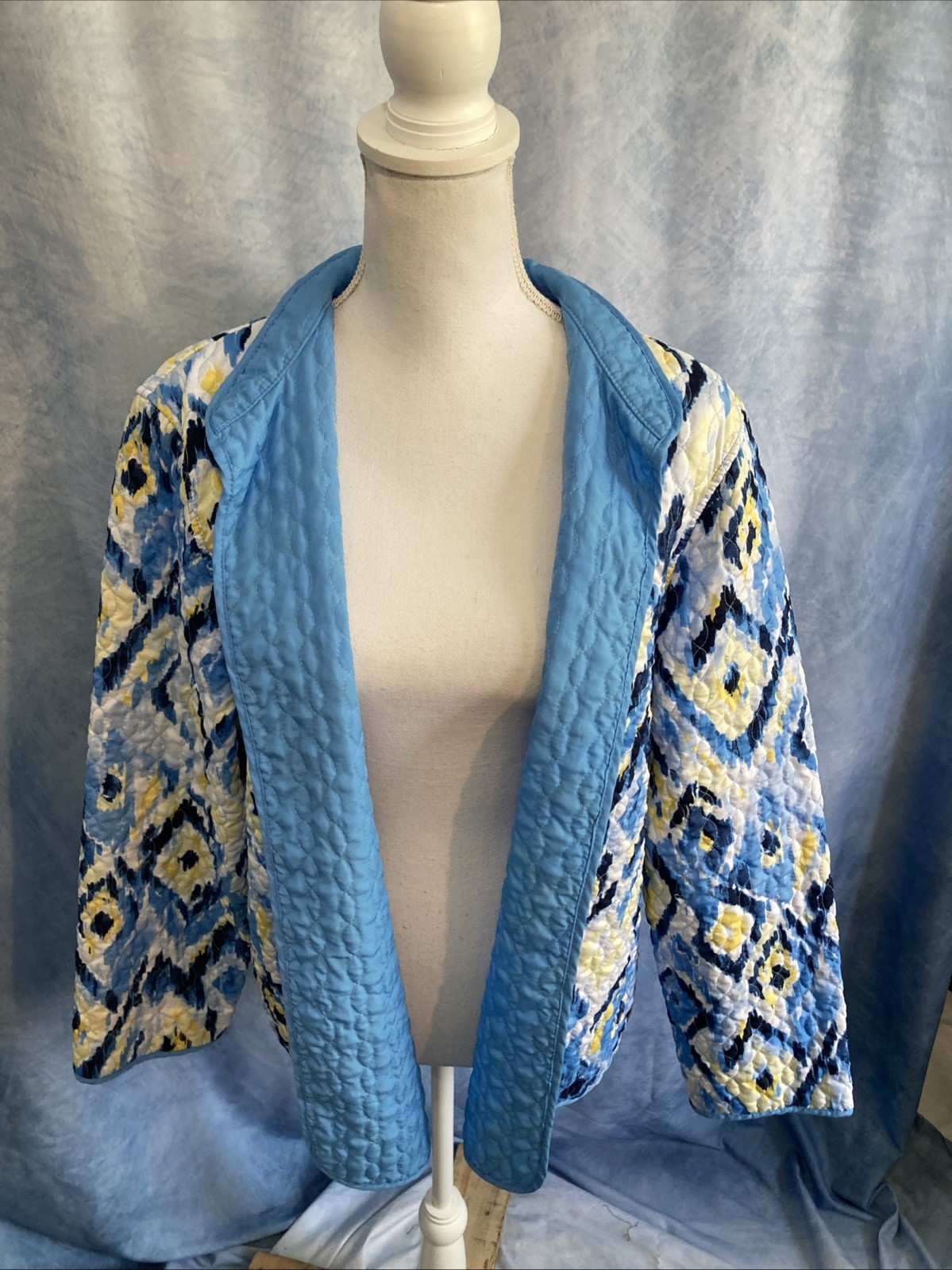 Vtg 90s Y2K Alfred Dunner Quilted Boho Jacket Plus 18 Blue Yellow Ikat Diamonds