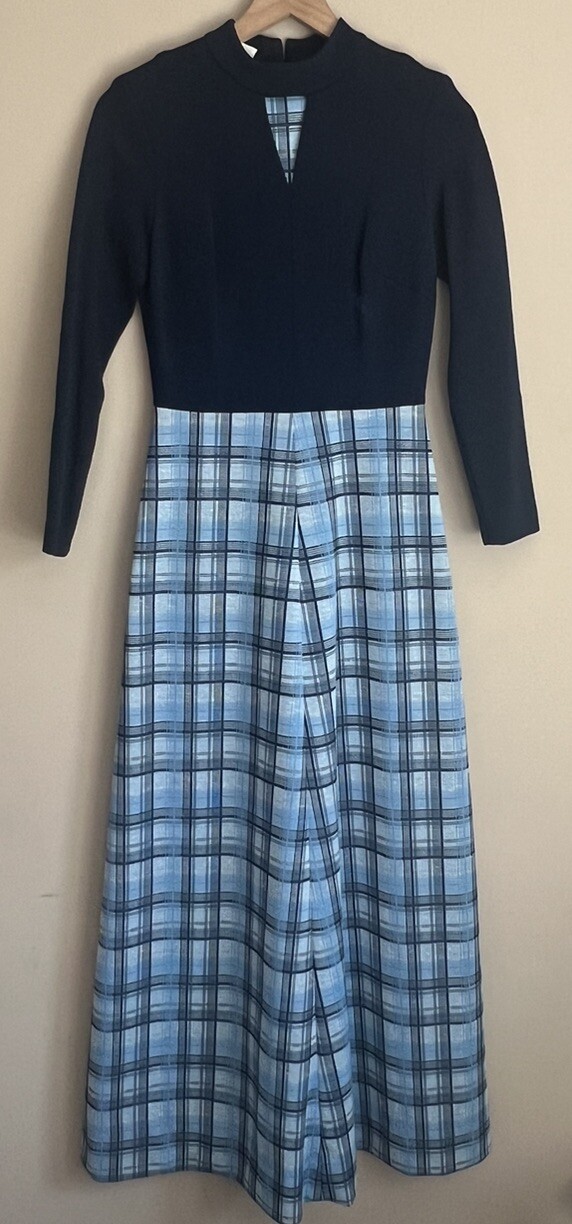 Vintage Maxi Dress Mod Plaid Poly Knit High Collar 8 10 Medium 60s 70s