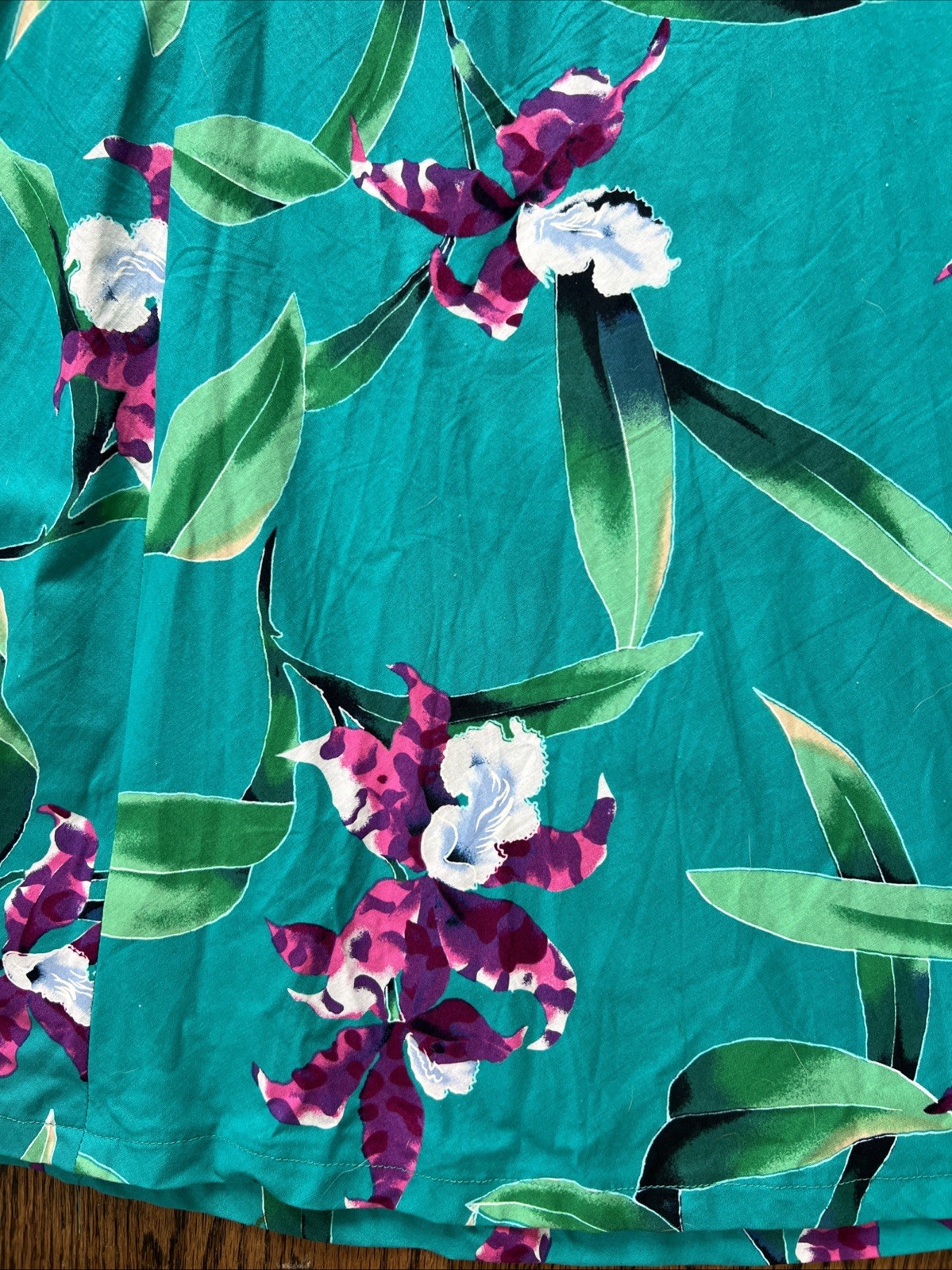 1980s Handmade One Shoulder Hawaiian Dress Teal W/Purple Orchid Flowers Size Sm