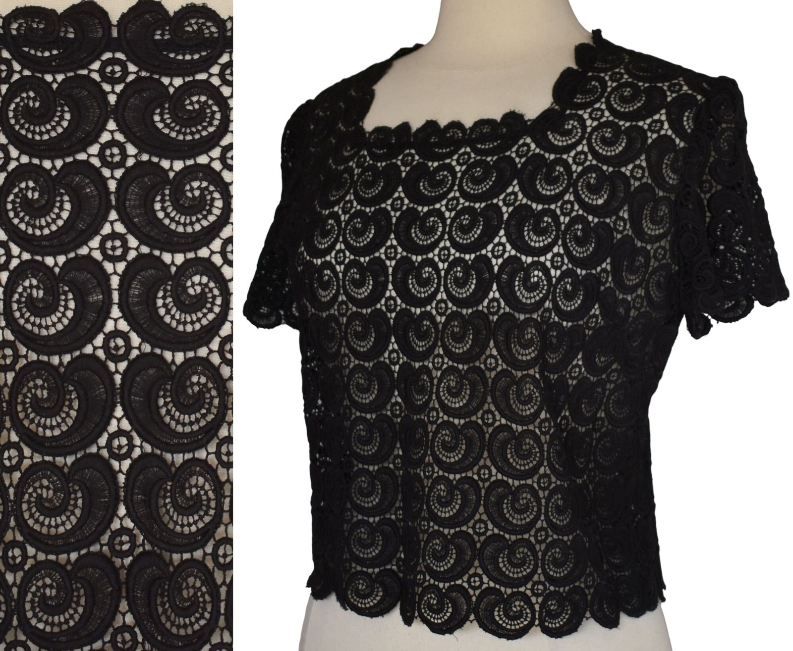 Vintage 60s Black Lace Blouse, Button Back Dermore of Mayfair Top, Size M Medium