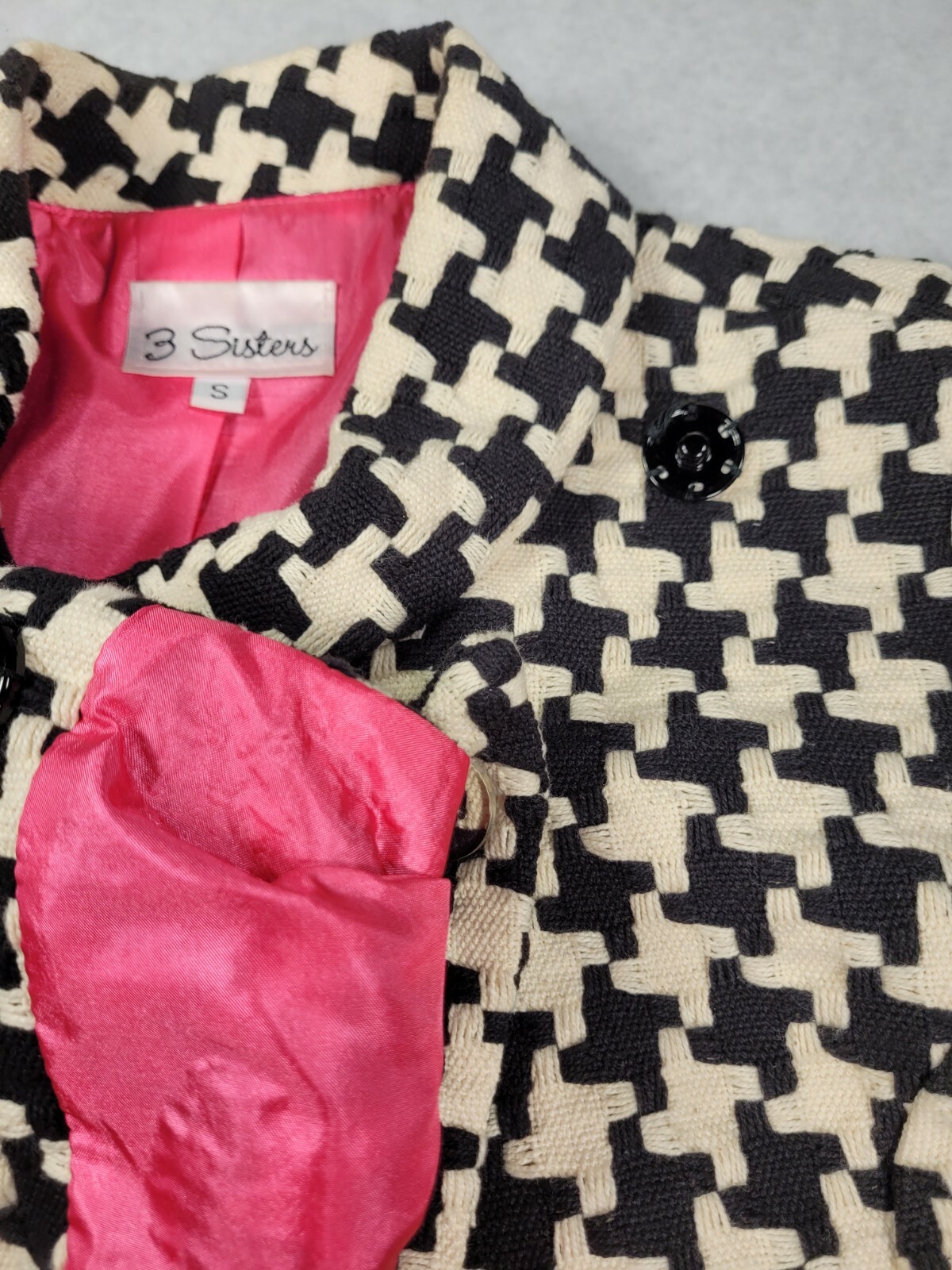 Vintage 3 Sisters Black White Pink Geometric Print Bow NICE RARE