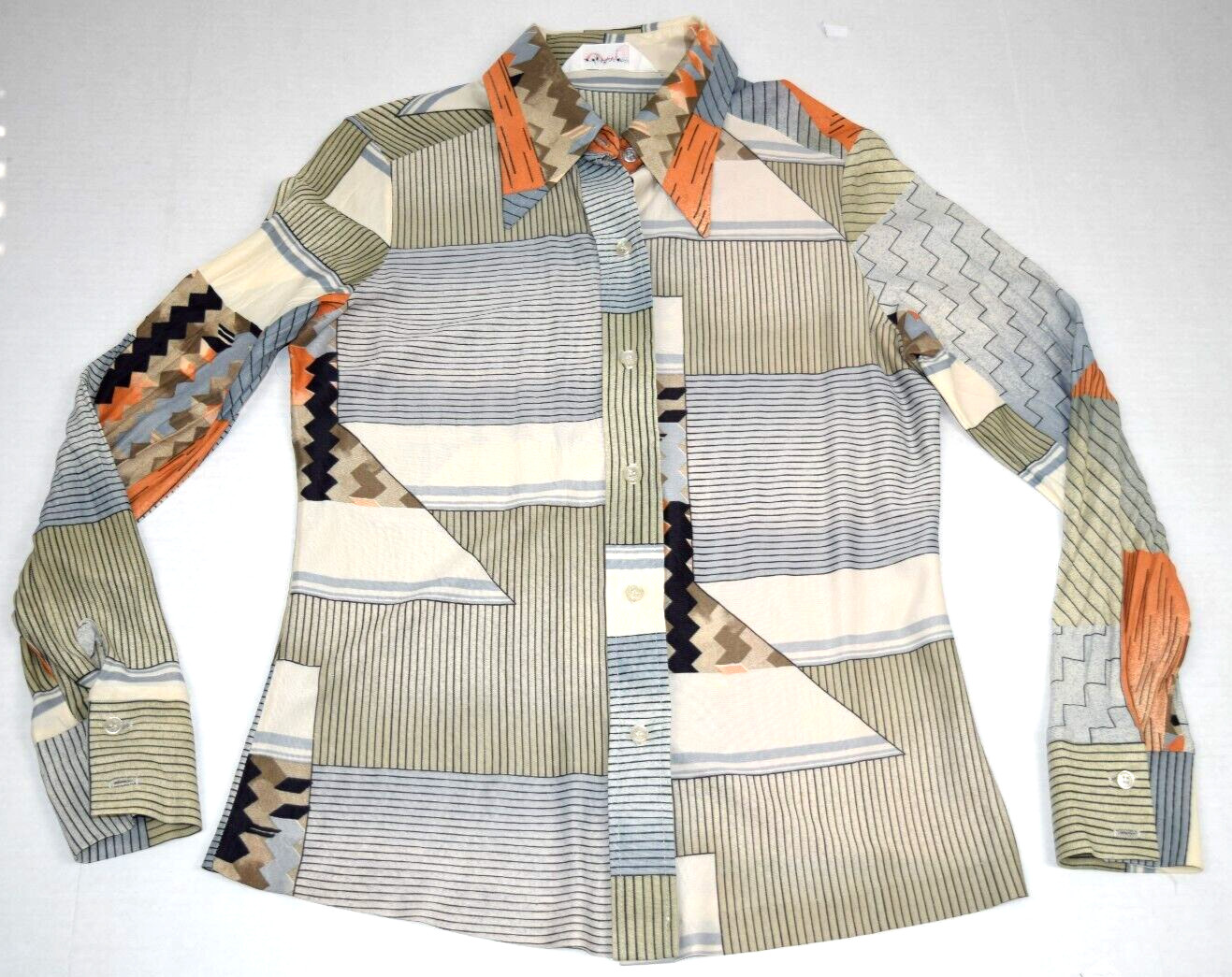 VTG Lady Arrow Shirt Size S 60s Striped Collared Thin Poly Mod Orange Blue Taupe