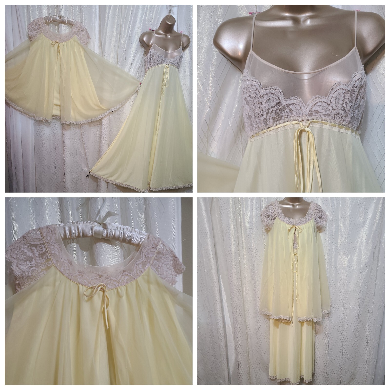 VTG 36 S M Peignoir FANCY LUCIE ANN Lemon Nightgown Lace Db Chiffon FANCY TWIRLY