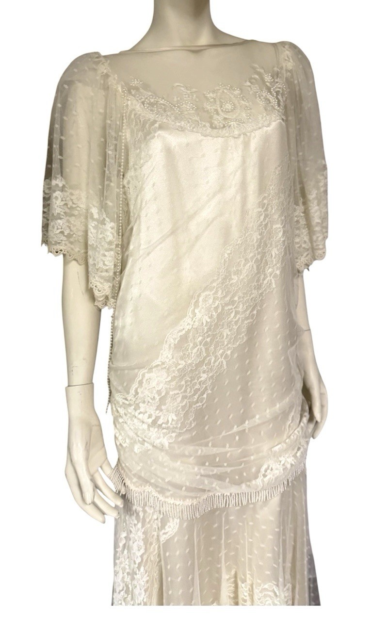 Vintage 80s Lorrie Kabala Lace Dress Bell Sleeve Boho Bridal New Size S M 8 Prom