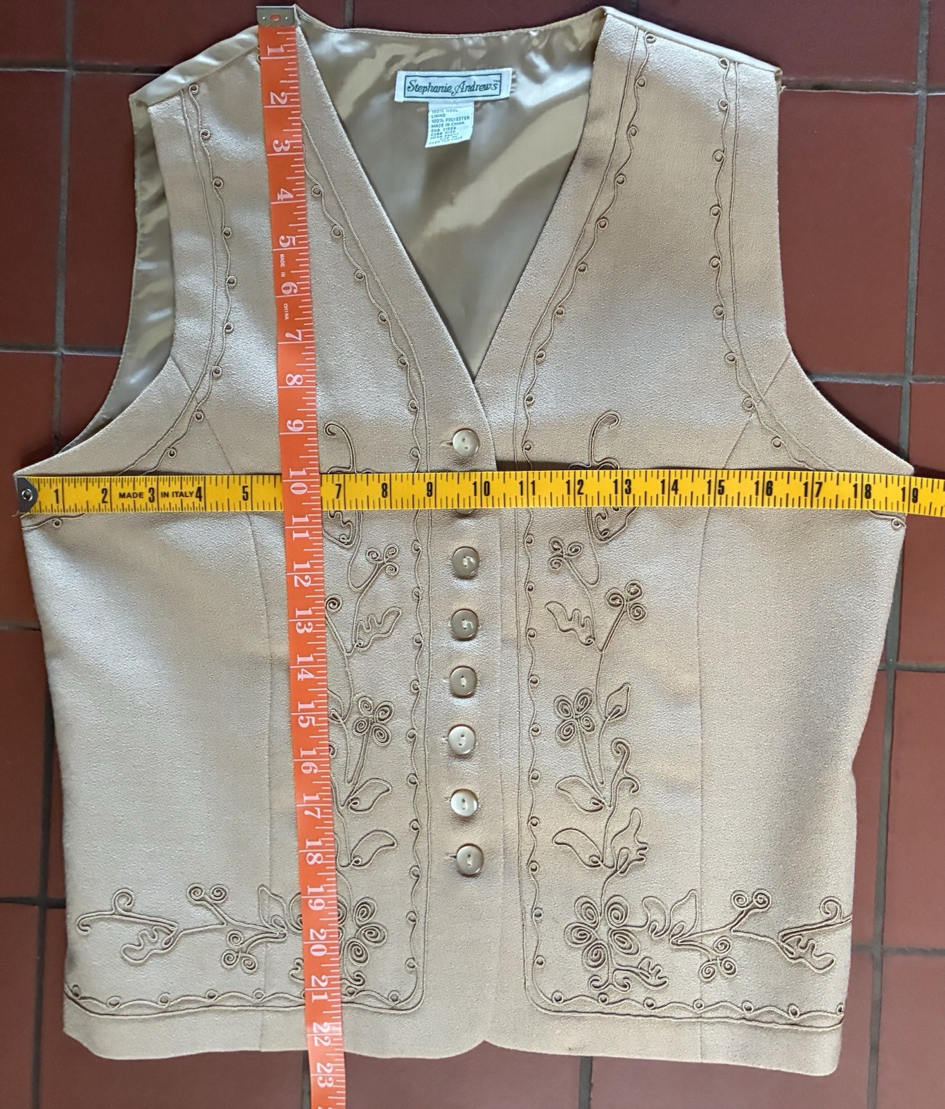 Vintage 90s Beige Tie Back Stephanie Andrews Embroidered Wool Vest size Medium