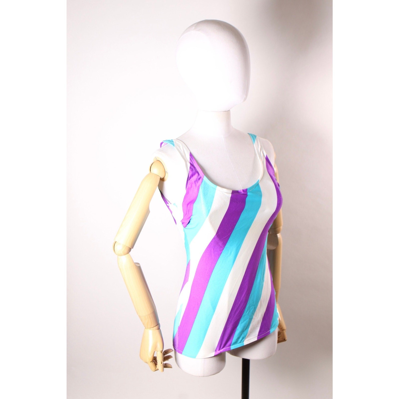 1970s Blue Purple White Striped One Piece Swimsuit Sea Fashions of California