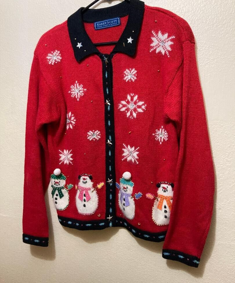 Vintage Karen Scott Women’s Winter Snowmen Holiday Rabbit Fur Blend Sweater S