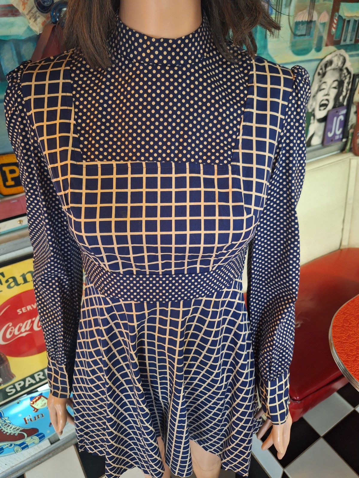 True VTG Mid-century Mod 1960s 70s High Neck Mini Dress Polka Dot Pinafore XS/S