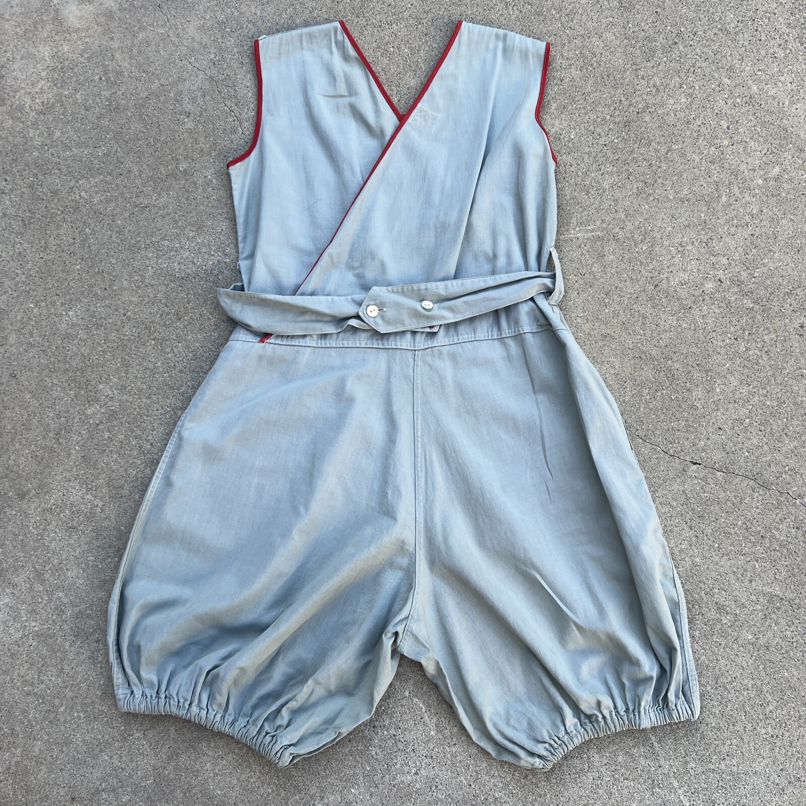 Vintage 1930s Blue Chambray Cotton Jumpsuit Playsuit Gym Outfit Romper Red Trim