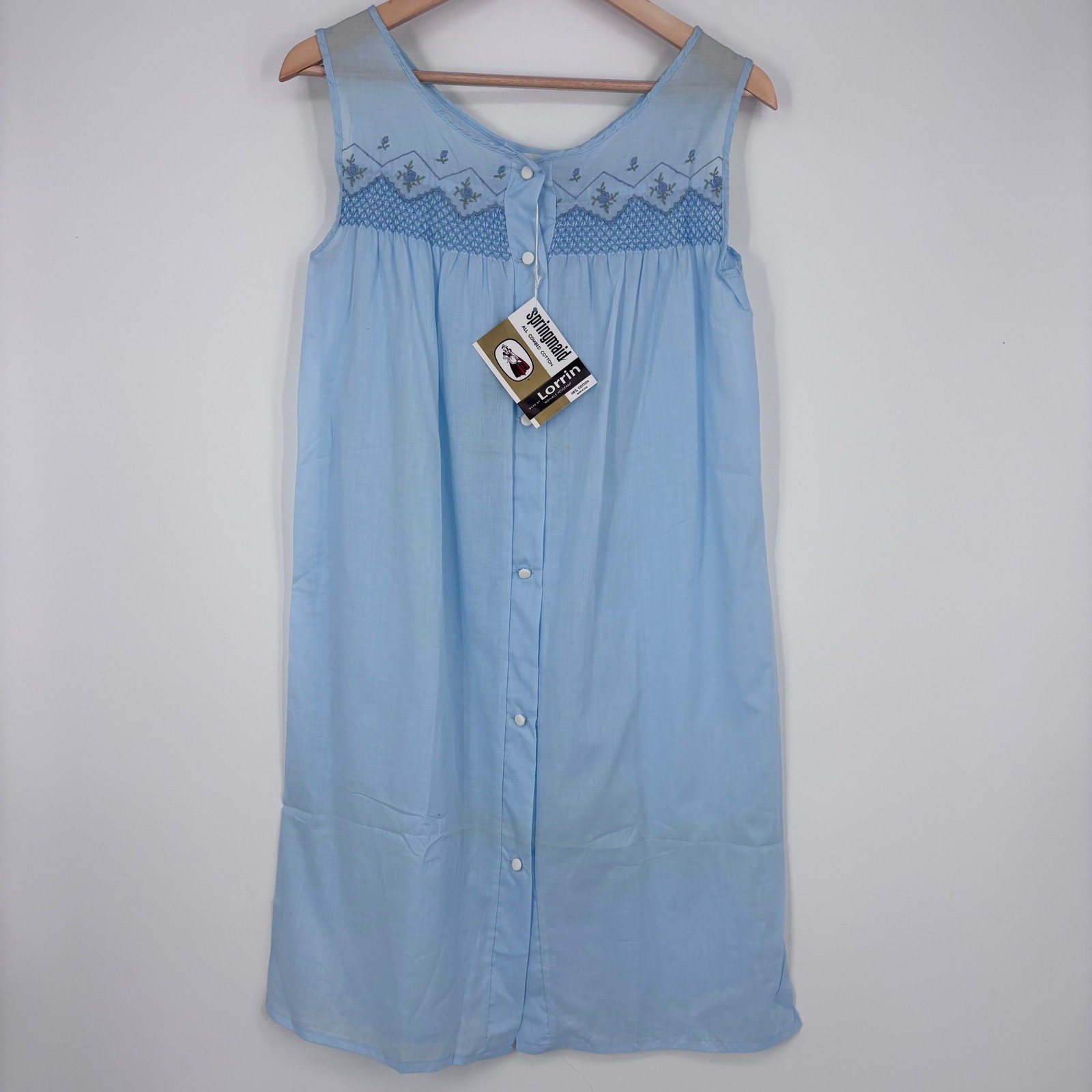 Springmaid Nymphorm Sleep Coat Women Small Blue Smocked Embroidered Vintage NWT