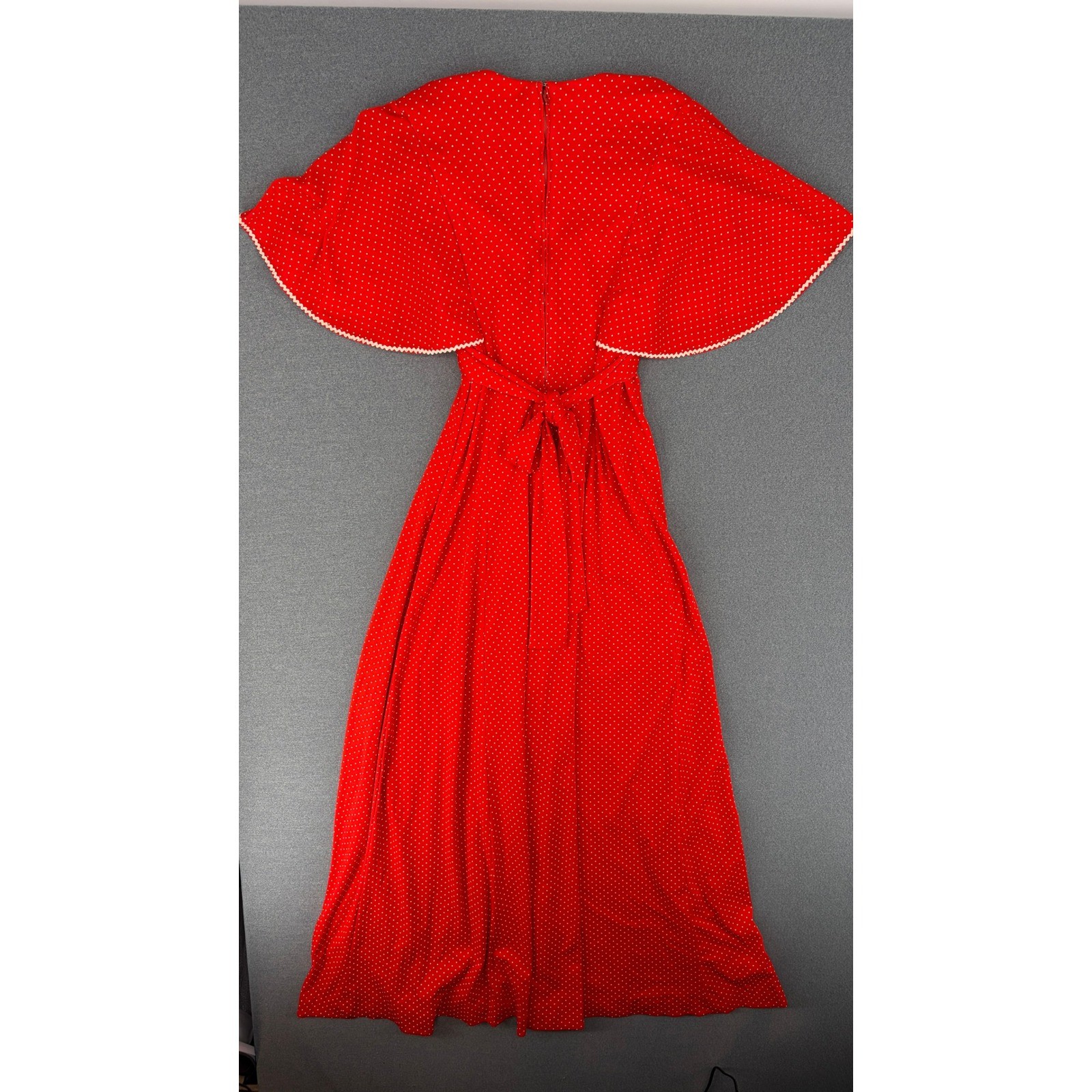 Vintage 70s ILGWU Red Polka Dot Flutter Sleeve Maxi Dress Rick Rack Trim Small S