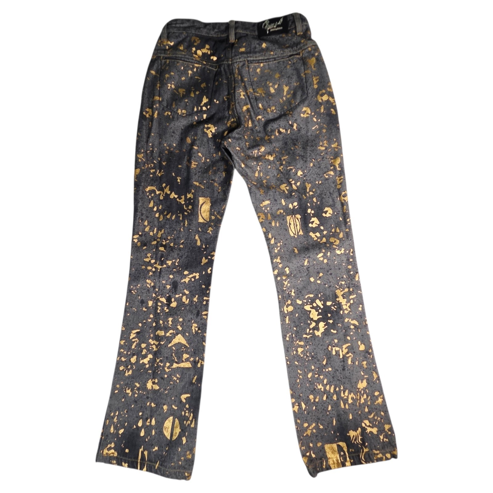 VTG Y2K Johnny Blaze Flame Jeans Womens Sz 7/8 Grey Metallic Gold Splatter Art