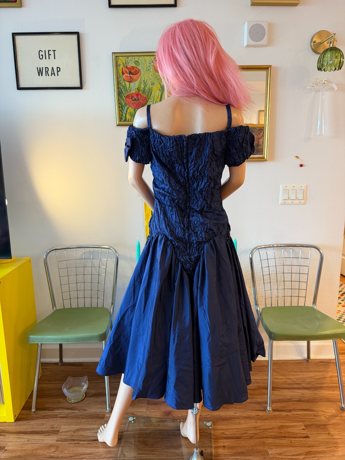 Vtg 80s Sapphire Blue Off Shoulder Prom Dress Crinoline Rhinestone Bow M L