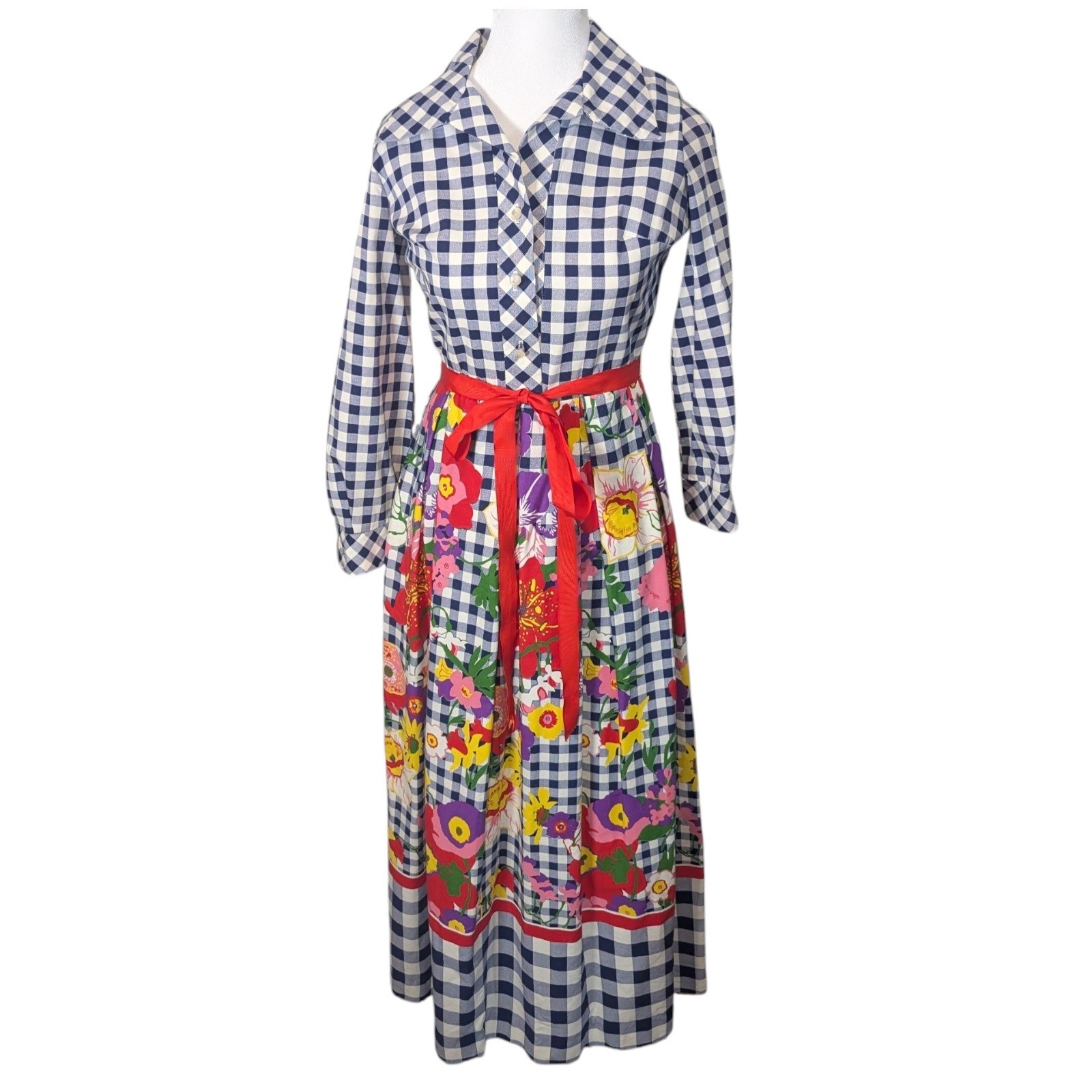 Vintage 70s Gingham Floral Maxi Shirt Dress Navy Blue White Red Belt Long Sleeve