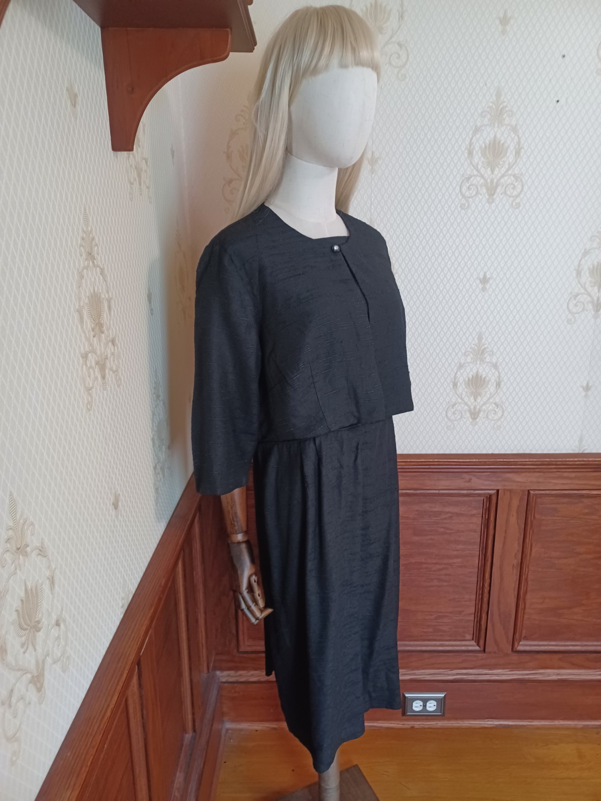 Vintage Mid-century Slubbed Black Cotton Little Black Cocktail Dress, size XL
