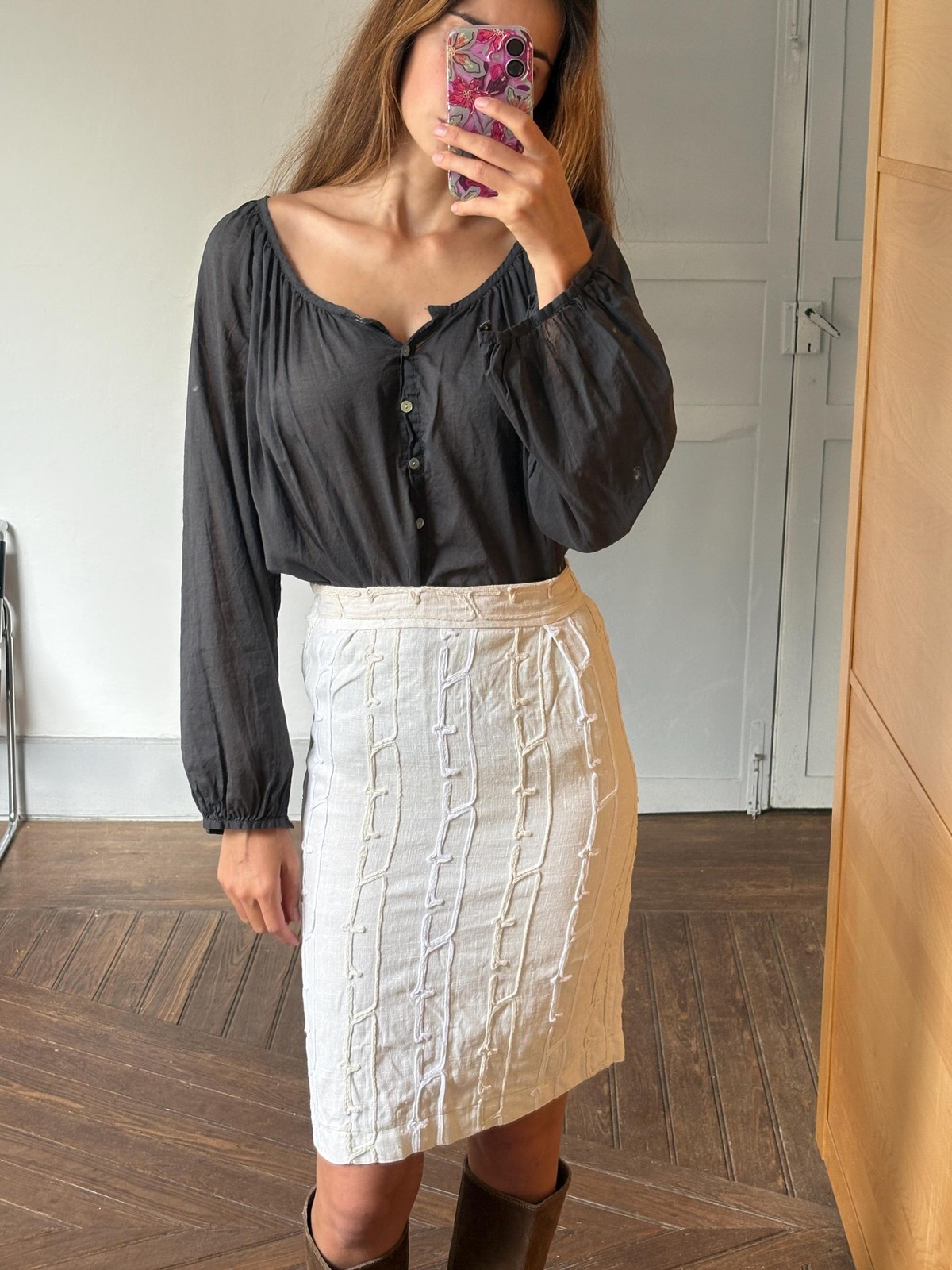Vintage HANDMADE white textured pencil skirt, High Waisted Midi Skirt,