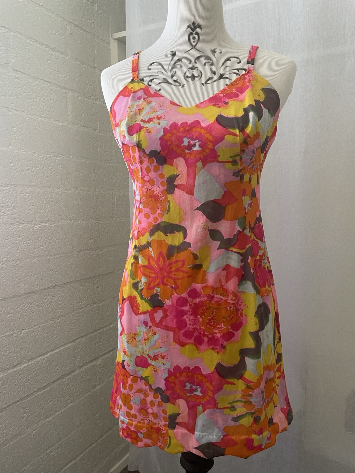 Vintage 60’s Psychedelic Slip Hot Fluorescent Pink Orange Mini Dress Floral Sz M