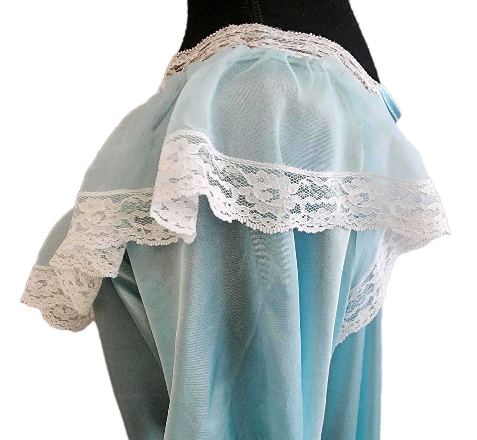 Vintage 80s Romantic Moods Nylon Nightgown Lace Trim Blue Ruffle SZ M Cottagecor