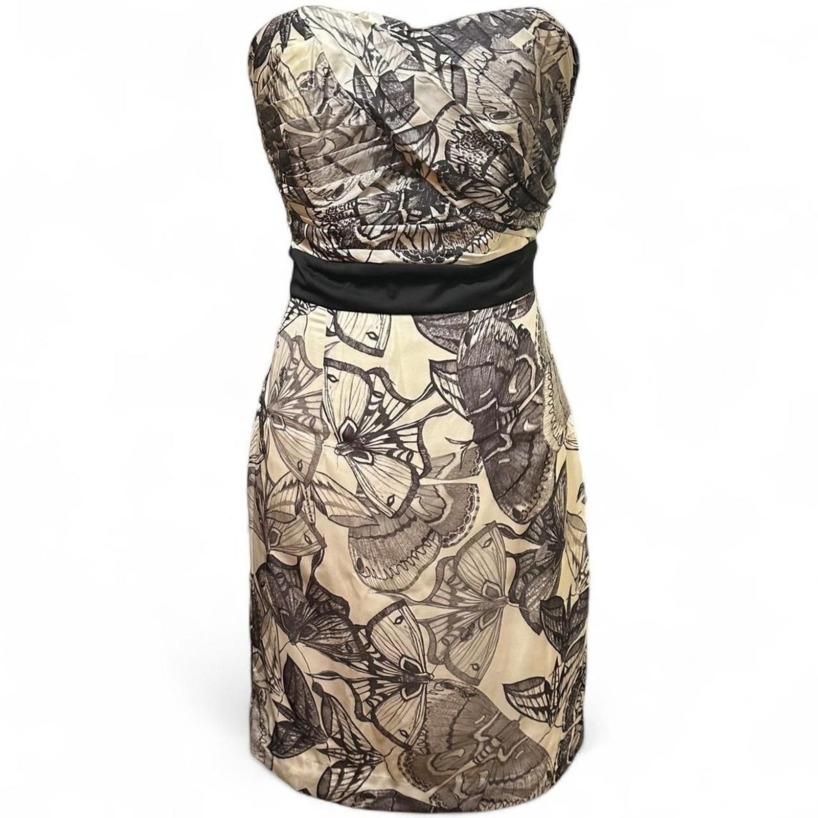 2010s H&M Black and White Moth Fitted Strapless Pencil Dress