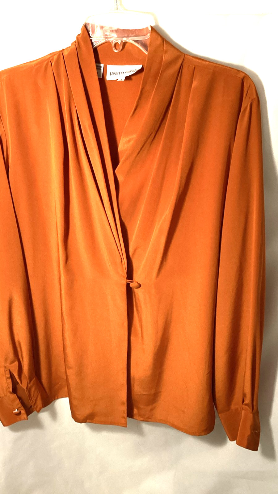 Vintage Pierre Cardin Rust Orange Satin Blouse Designer Retro Glam Button Top