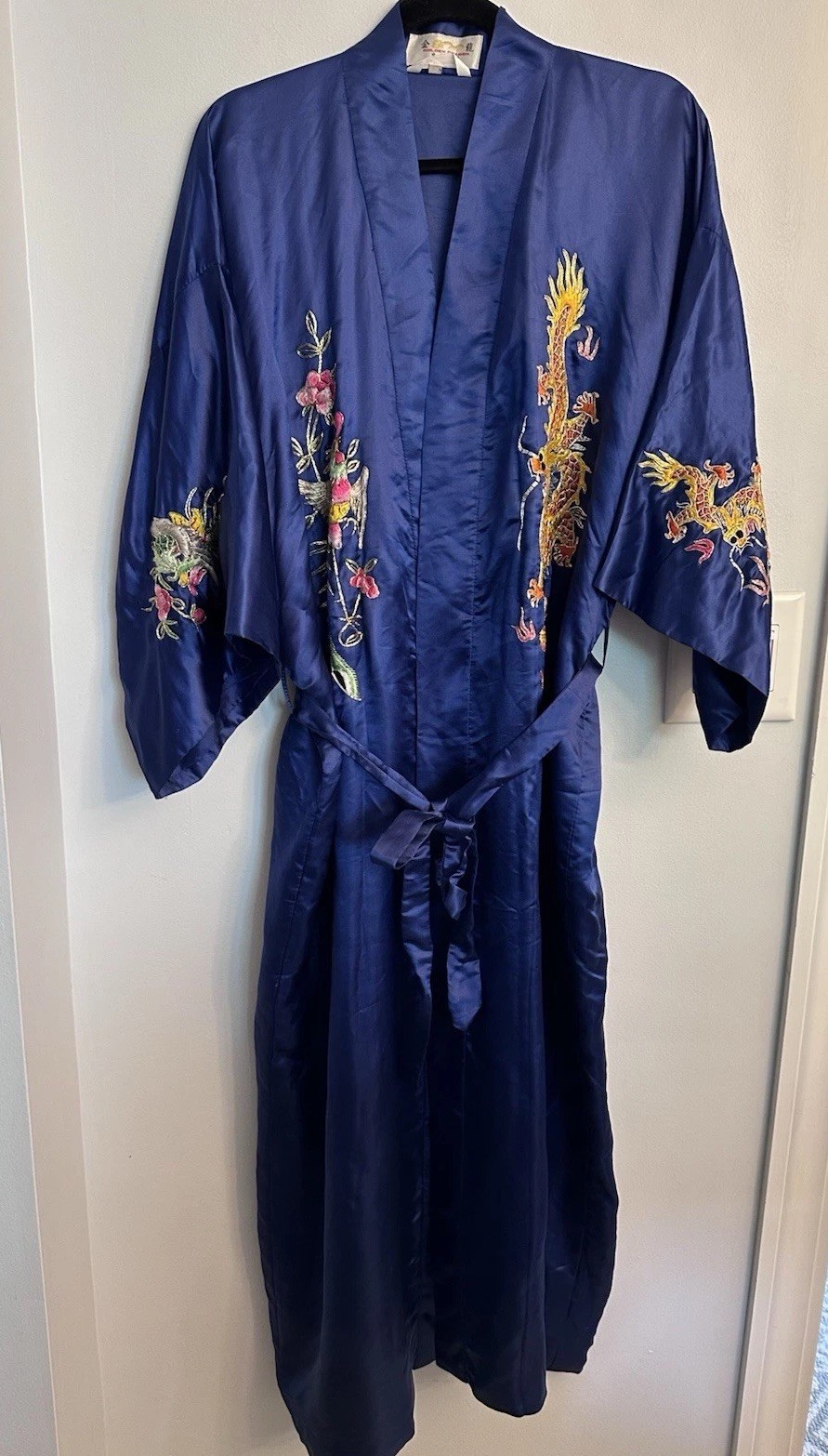 Vintage Golden Bee Silk Blue Rayon Embroidered Dragon Kimono Robe Women’s Large