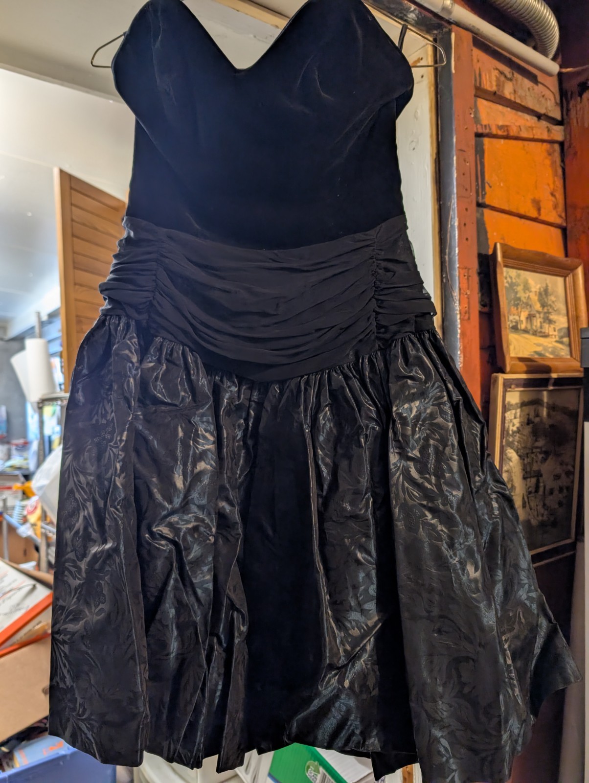 Vintage „Laura Ashley” Prom Dress, Velvet Strapless, Dark Teal Pattenes Taffeta