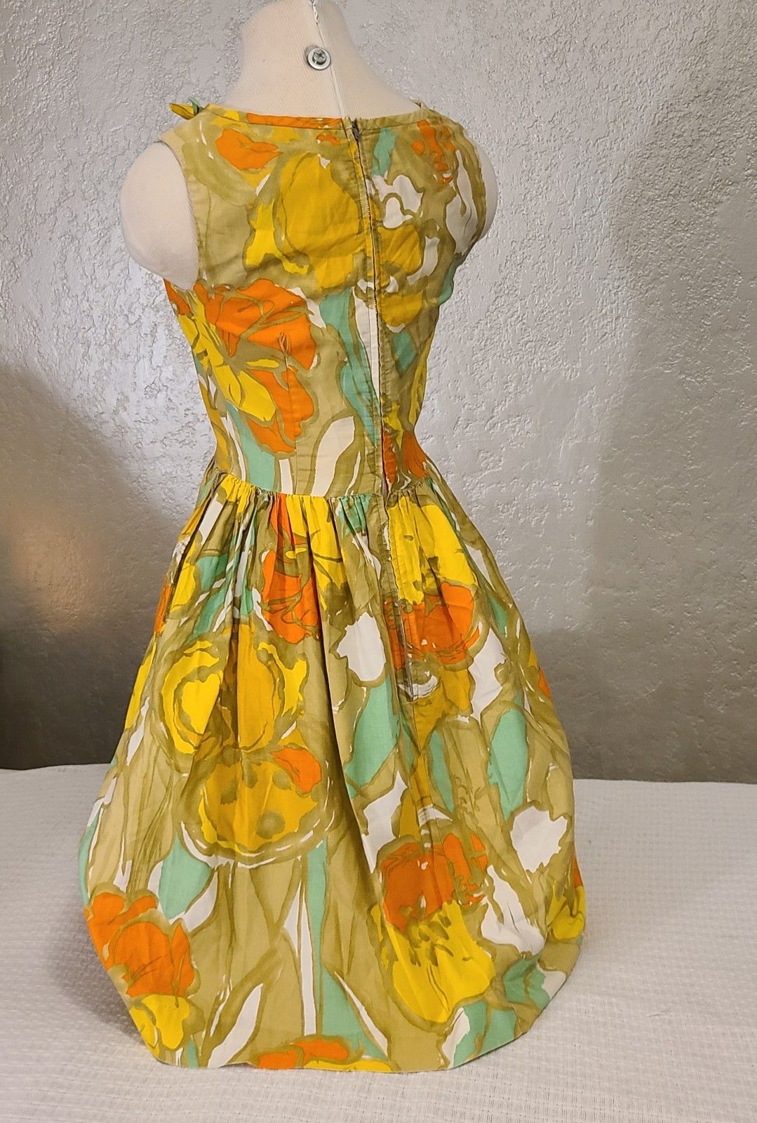 Vtg 60’s Loungecraft Original Floral Cocktail Dress XS Yellow Orange Tan Mad Men