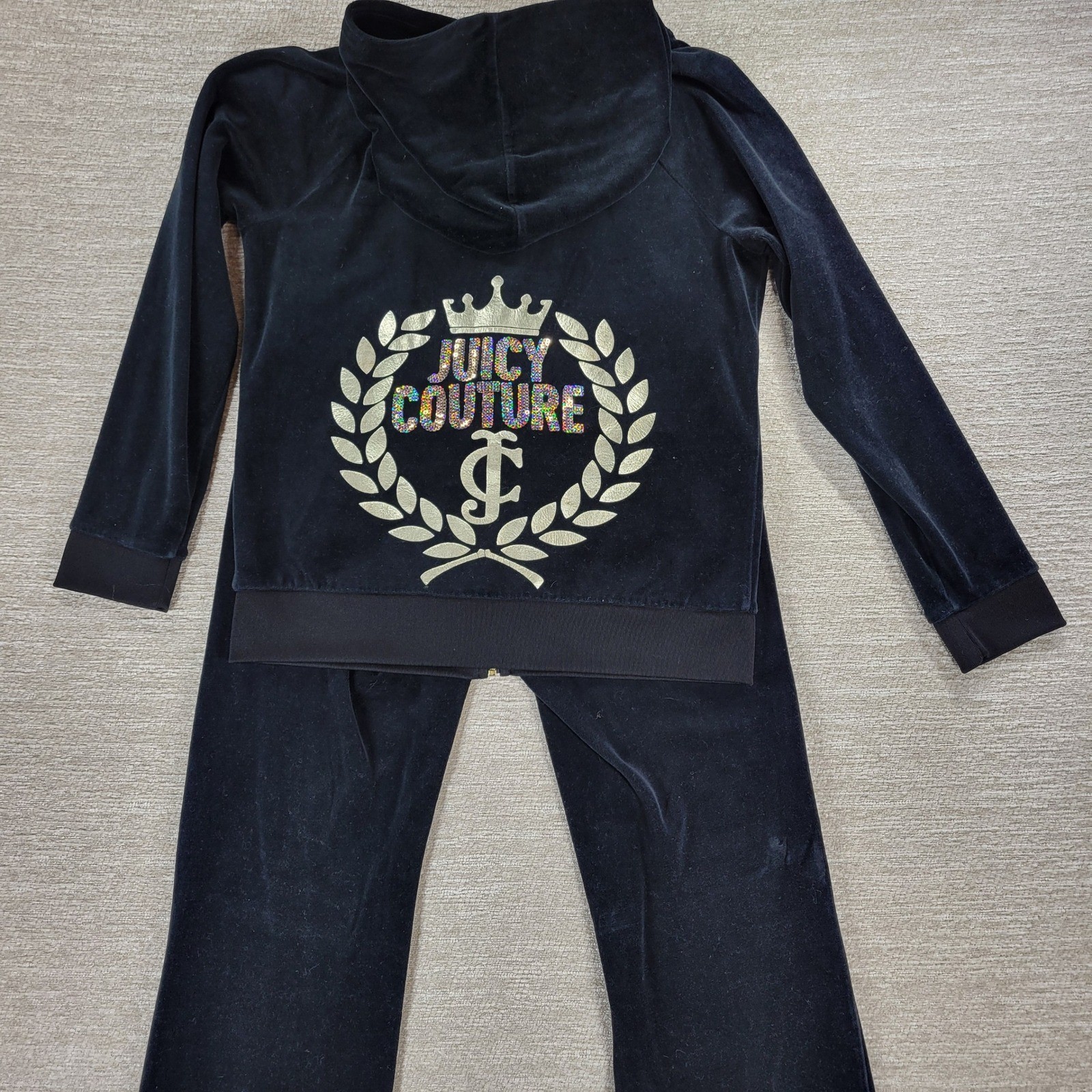 VTG Juicy Couture Velour Track Suit L Black Gold Bling Y2K Low Rise Hoodie Cozy