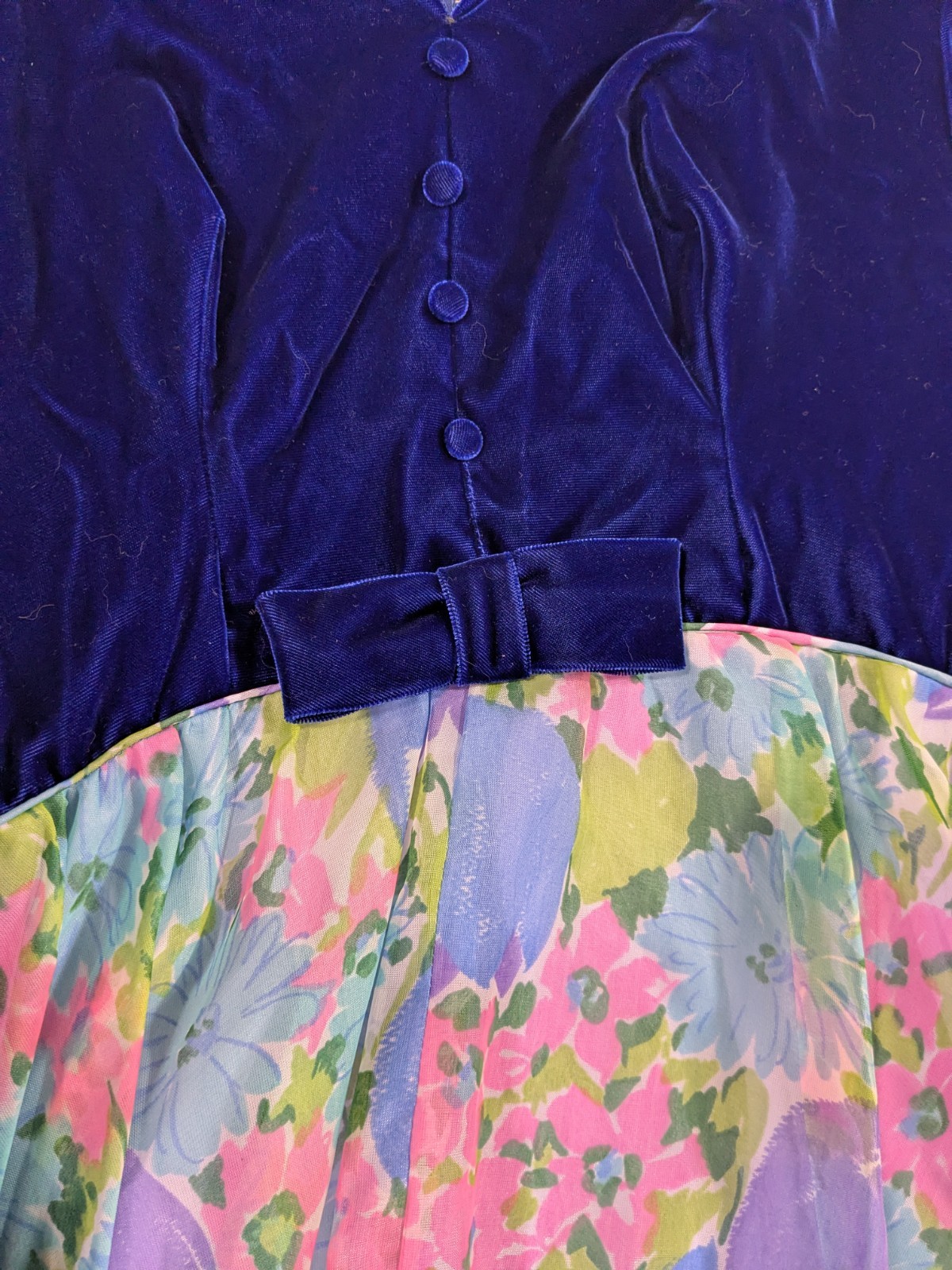 Vintage 70s Union Made Blue Velvet Maxi Dress Size Large 34 Inch Waist