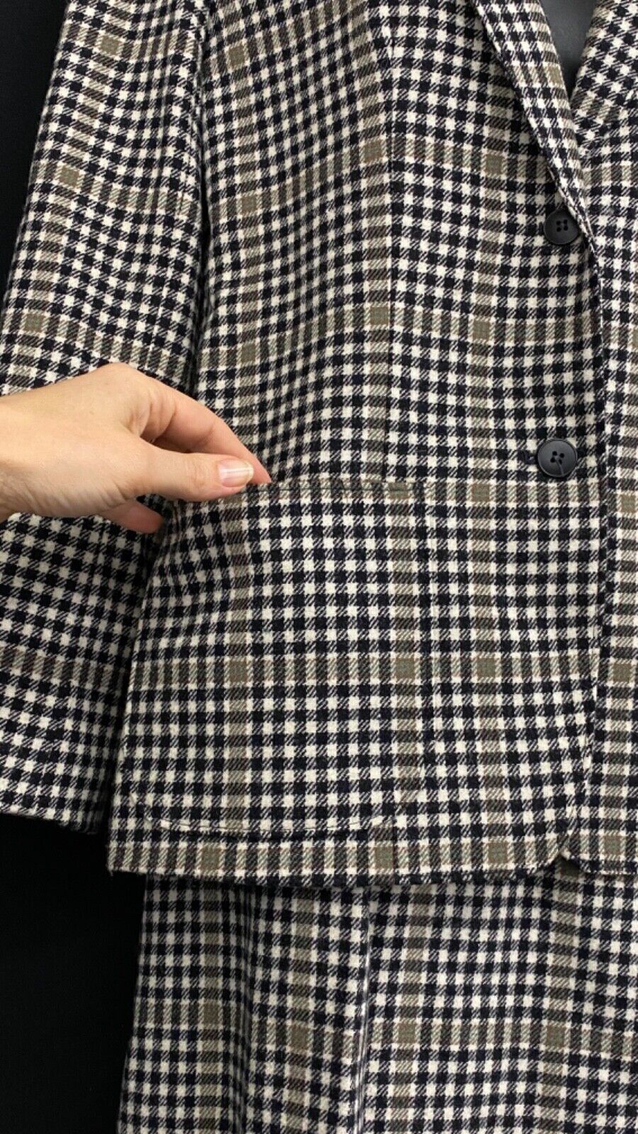 Vintage wool plaid black white gray suit jacket blazer skirt set outfit XS S