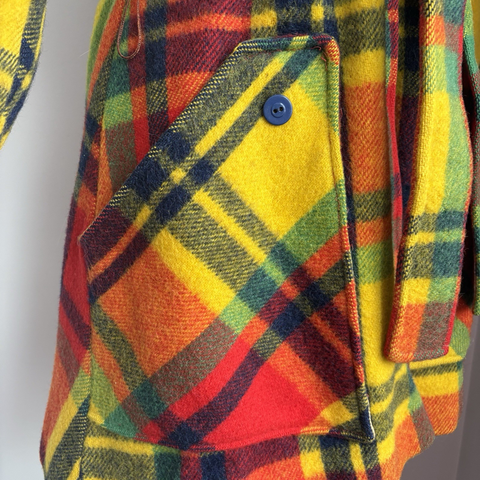 Vintage 1970’s Rainbow Plaid Belted Wool Coat w/ pockets Size XS