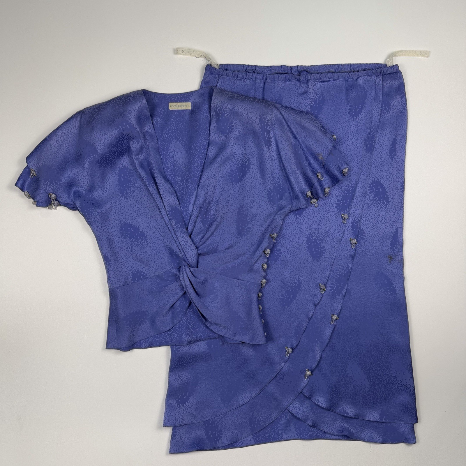 Carol Peretz Blue Silk Floral Rose Bead Skirt 2 Pc Rouche Blouse Dress Sz 8 VTG
