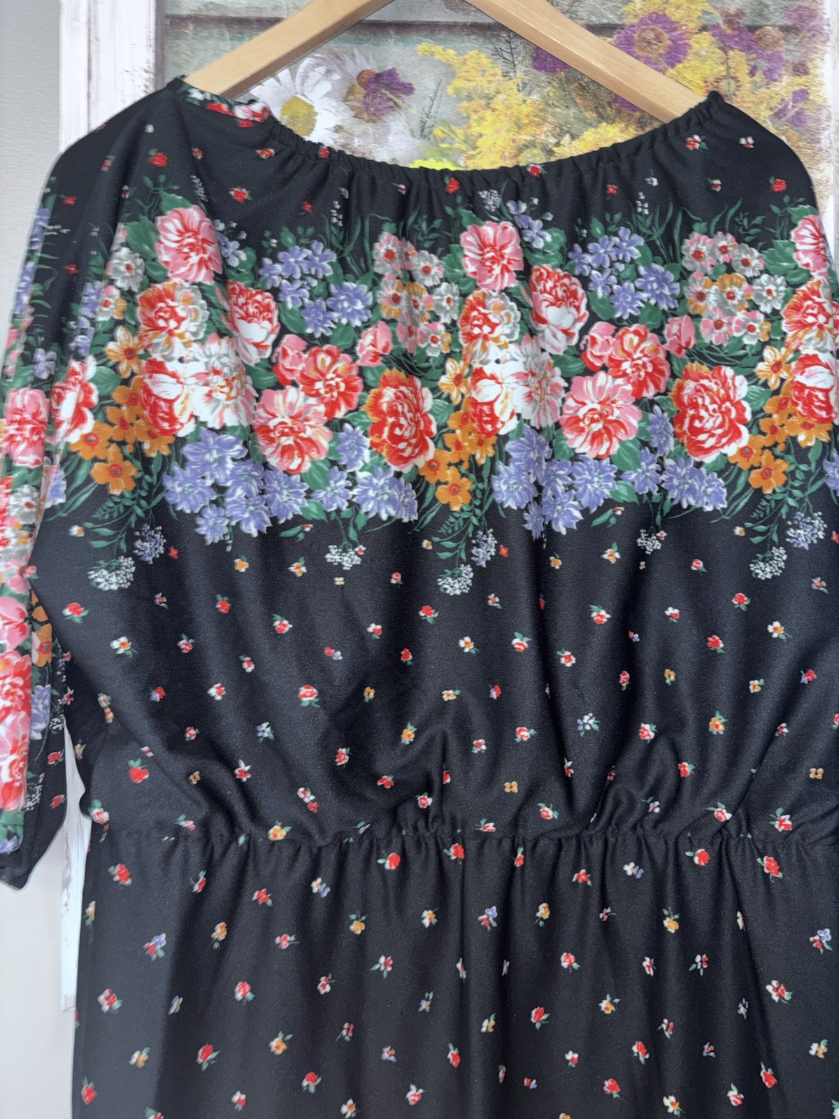 Vintage 70s Ellen Rogers Black Floral Dress Size 14.5 Or Large 3/4 Sleeves
