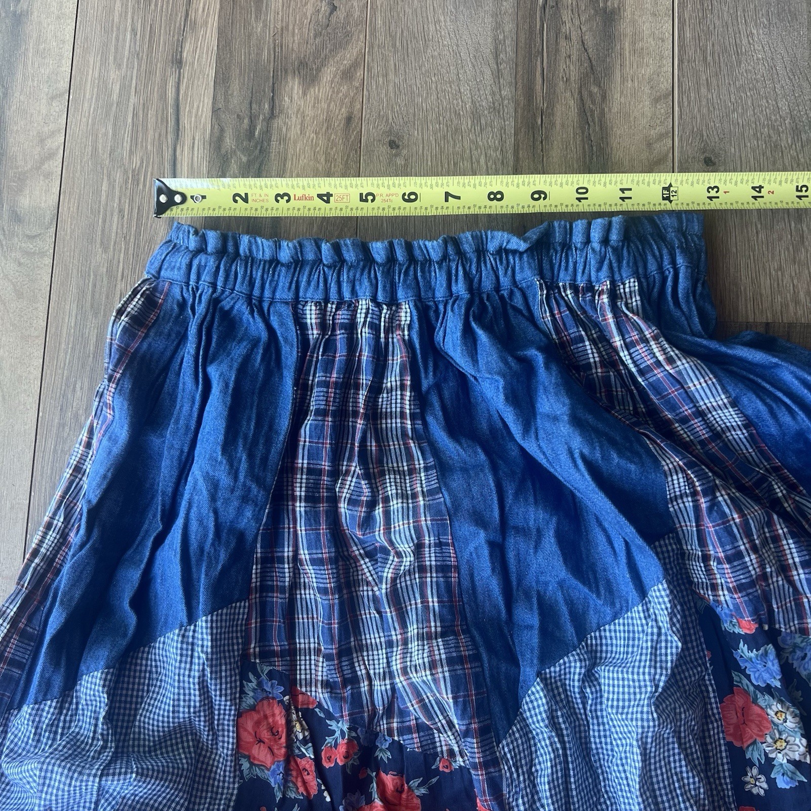 VTG DENIM Patchwork Midi Skirt Cotton Floral Boho S/M P Cottagecore 90s Peasant
