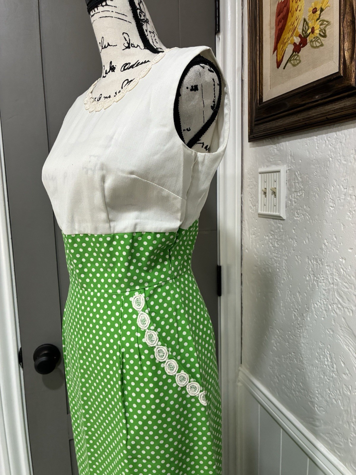 Vintage 1960’s Lounge Craft Green & White Polka Dot Dress – Groovy