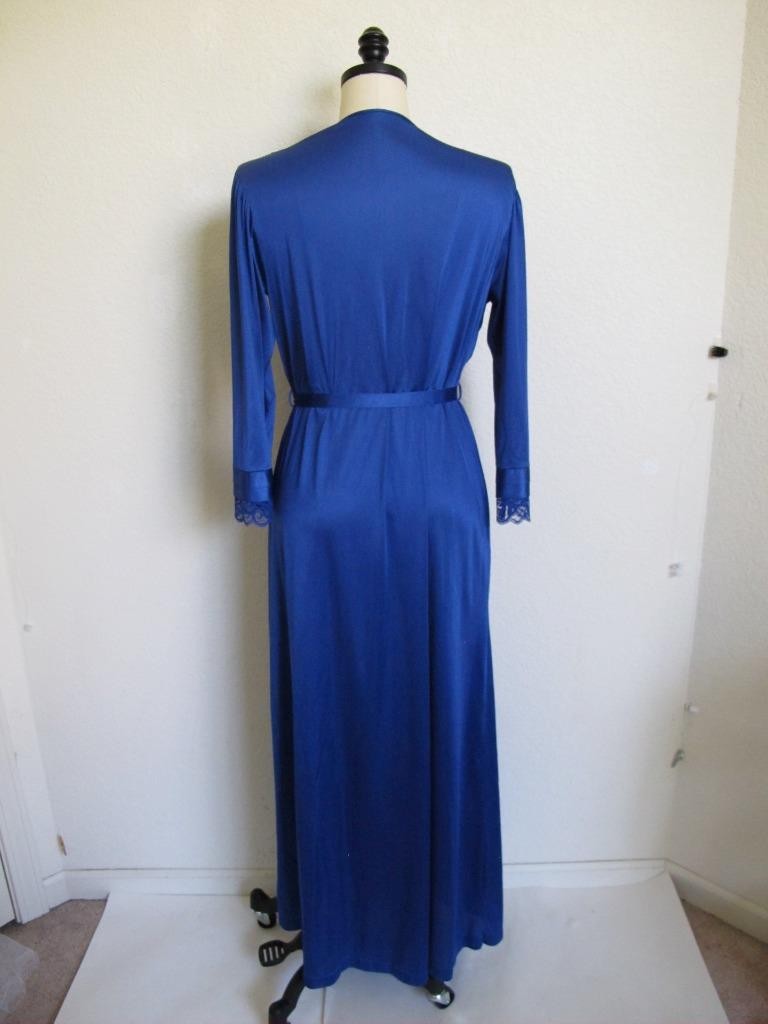 Vintage Gilead Long Silky Nylon Robe w Lace Insertion S Tie Belt Royal Blue