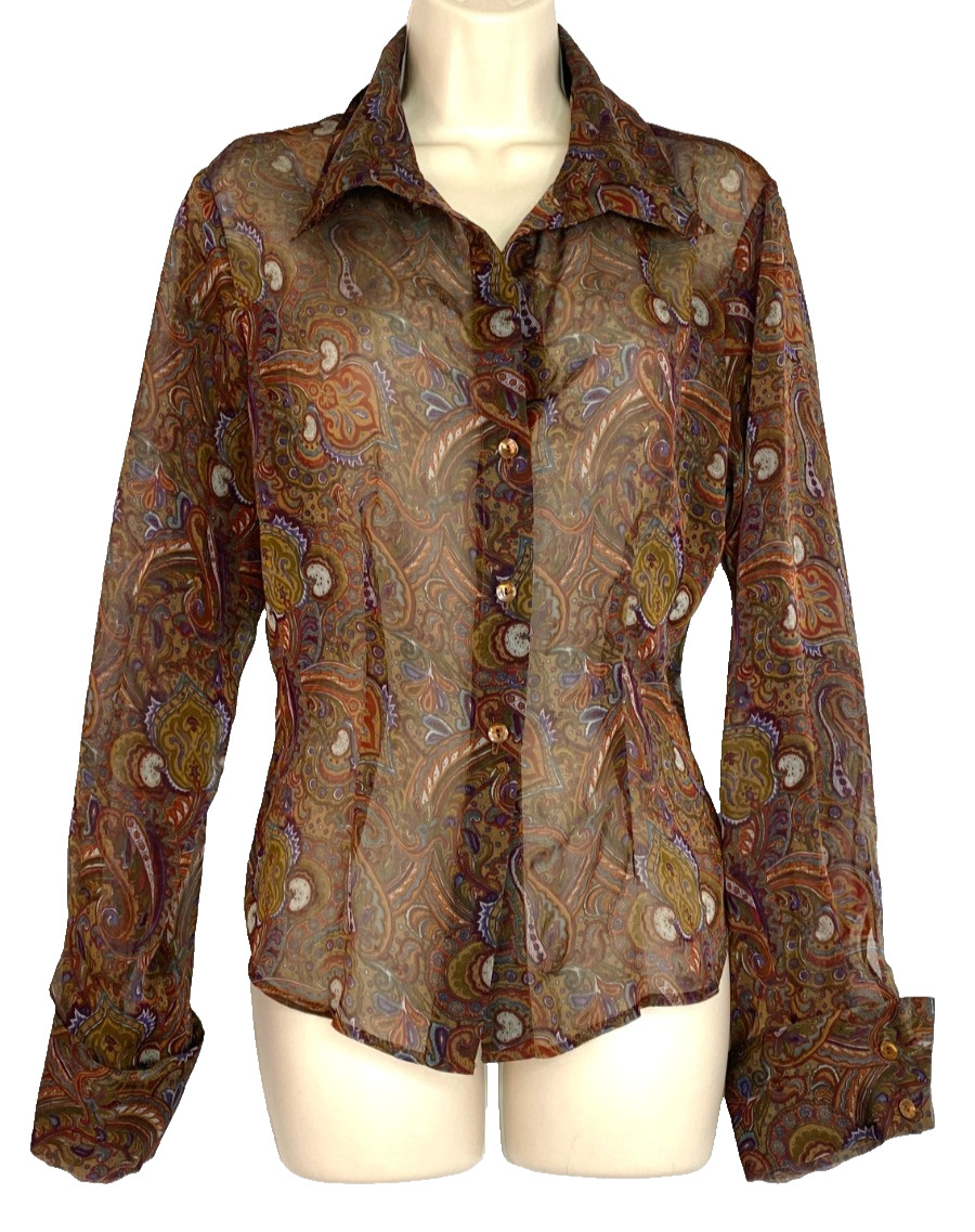 Vintage 1990s brown sheer paisley blouse M long sleeve MODA INTL shirt top
