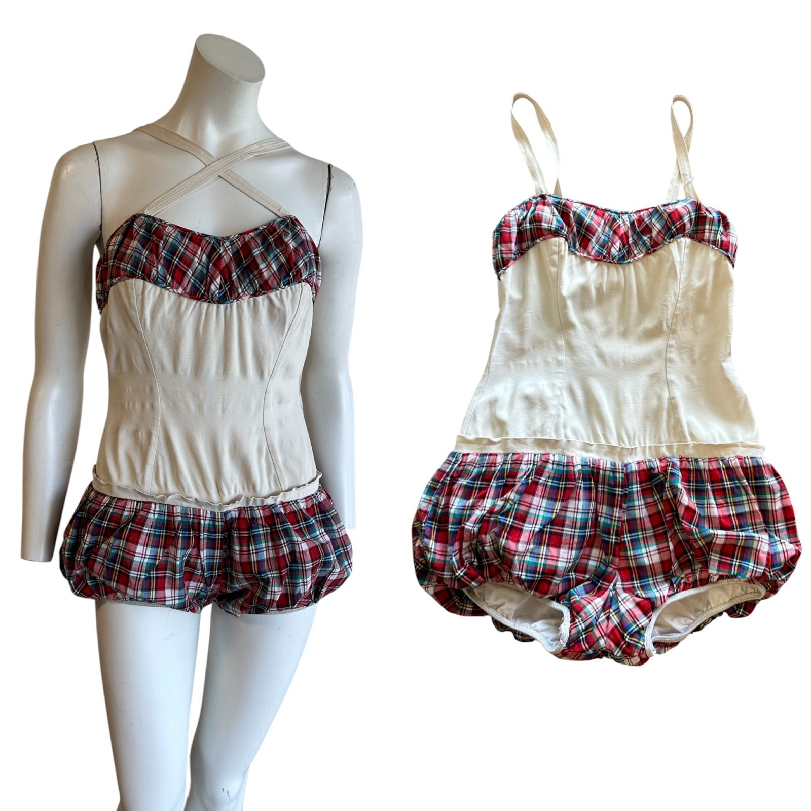 Vintage 1950s Par Form Plaid Swim Playsuit Bubble Romper Crisscross Front