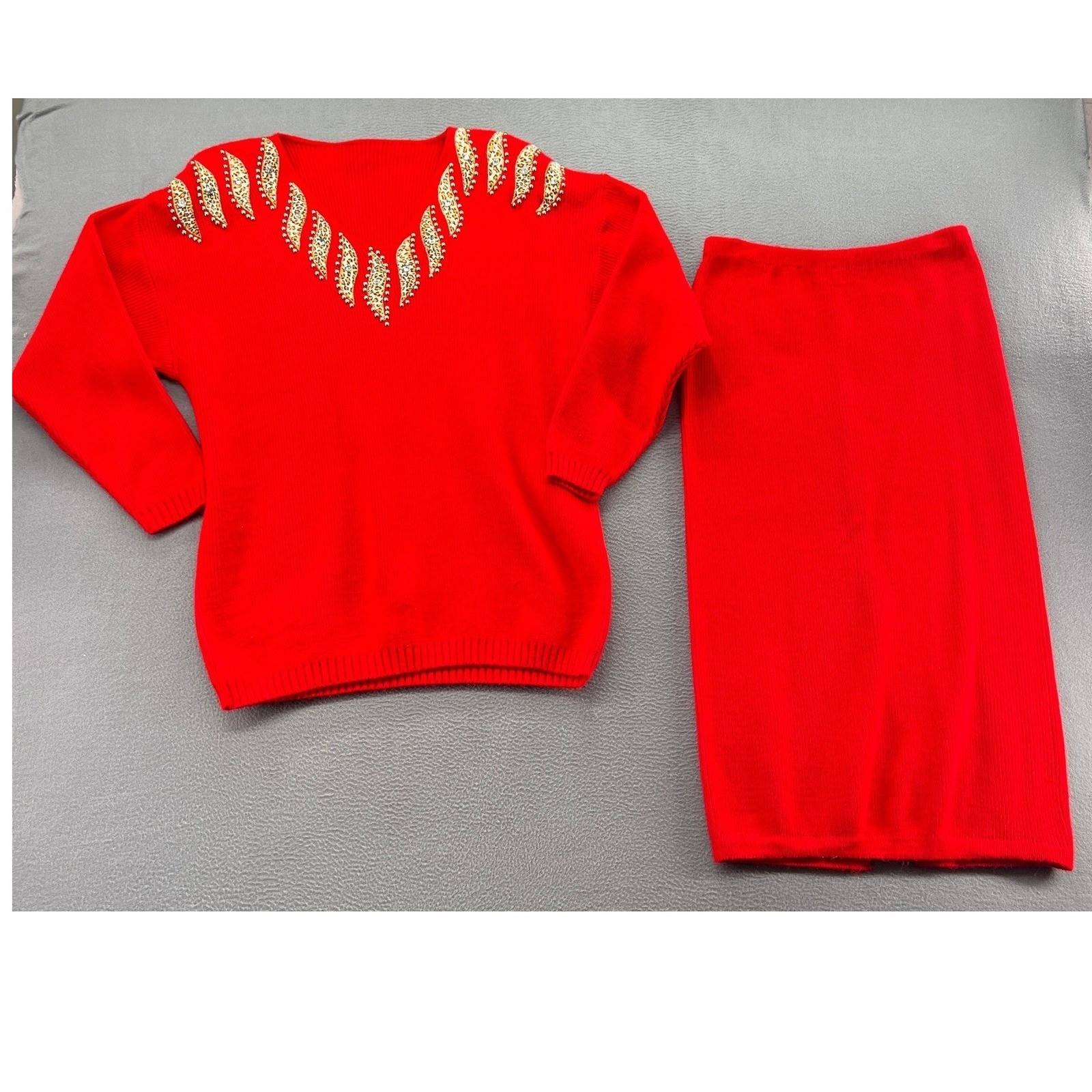 Vtg Sweater Skirt Set Red Ribbed Knit Leopard Print Studded Rhinestone V-Neck